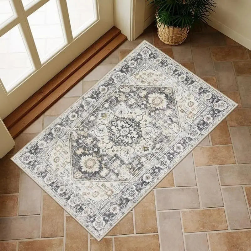 VIKAMA Washable Low Pile Oriental Entry Rug Rustic Terracotta Teal Medallion Design Anti Slip Patio Front Door Floor Mat
