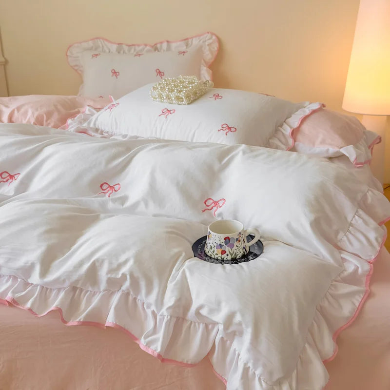 3 Piece Sheet Set bowknot embroidery Quilt cover Set comfortable embroidery Bedding Set Bedspread for All Season
