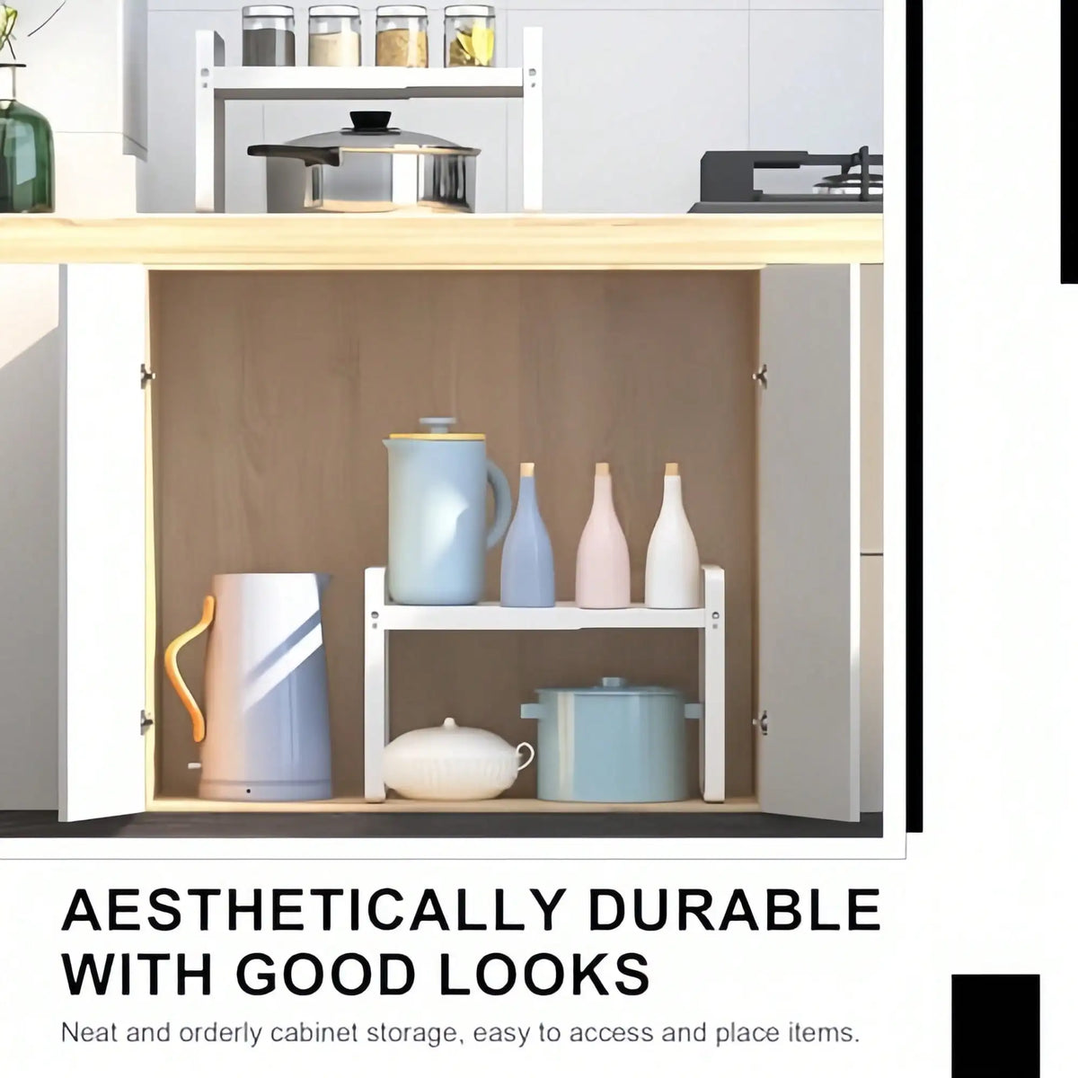 1pc Expandable Kitchen Countertop Storage Rack Metal Cabinet Shelf Organizer Adjustable Microwave Stand Pantry Cupboard Counter Organizer Shelf For Pots Pans Spice Under Sink Gift
