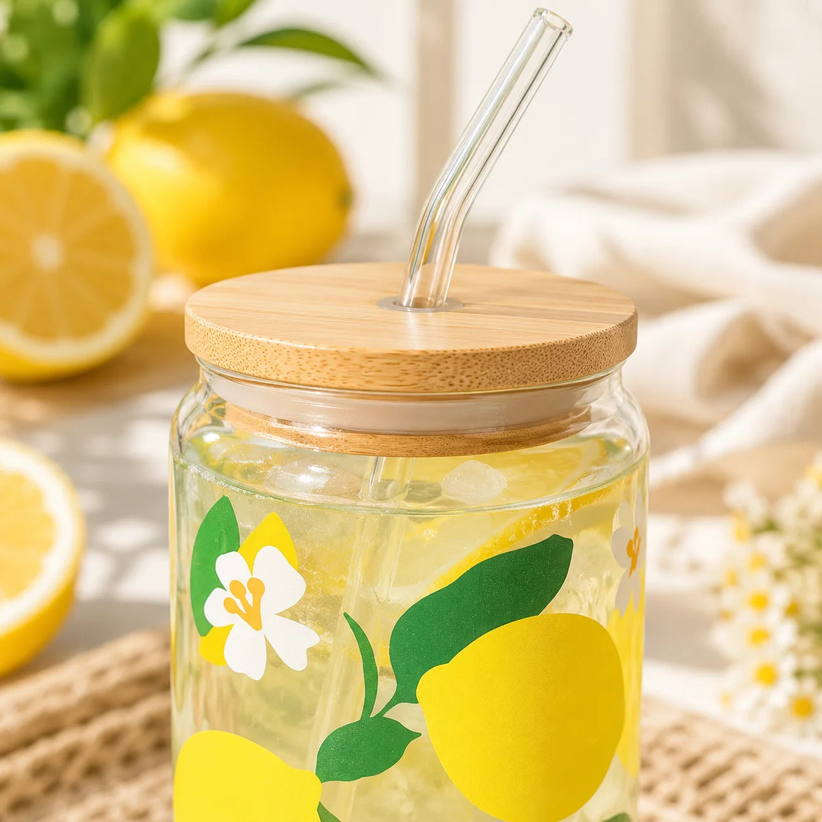 Cute Lemon Glass Tumbler with Bamboo Lid