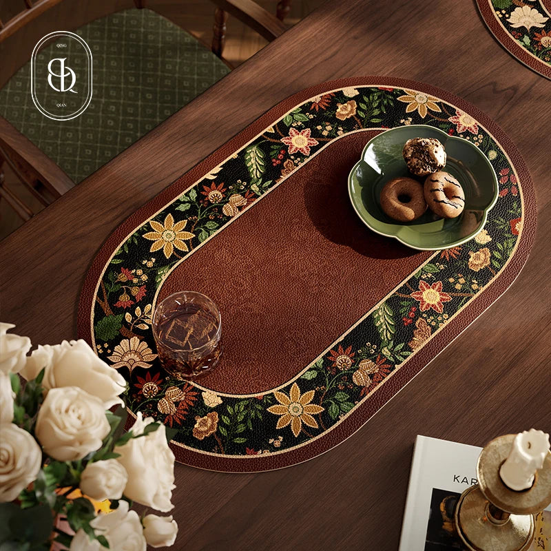 Faux Leather Placemats Set of 2 Non-Slip Oval Faux Leather Table Mat Heat Stain Resistant for Dinning Room Decor 12x20 Inch Gift