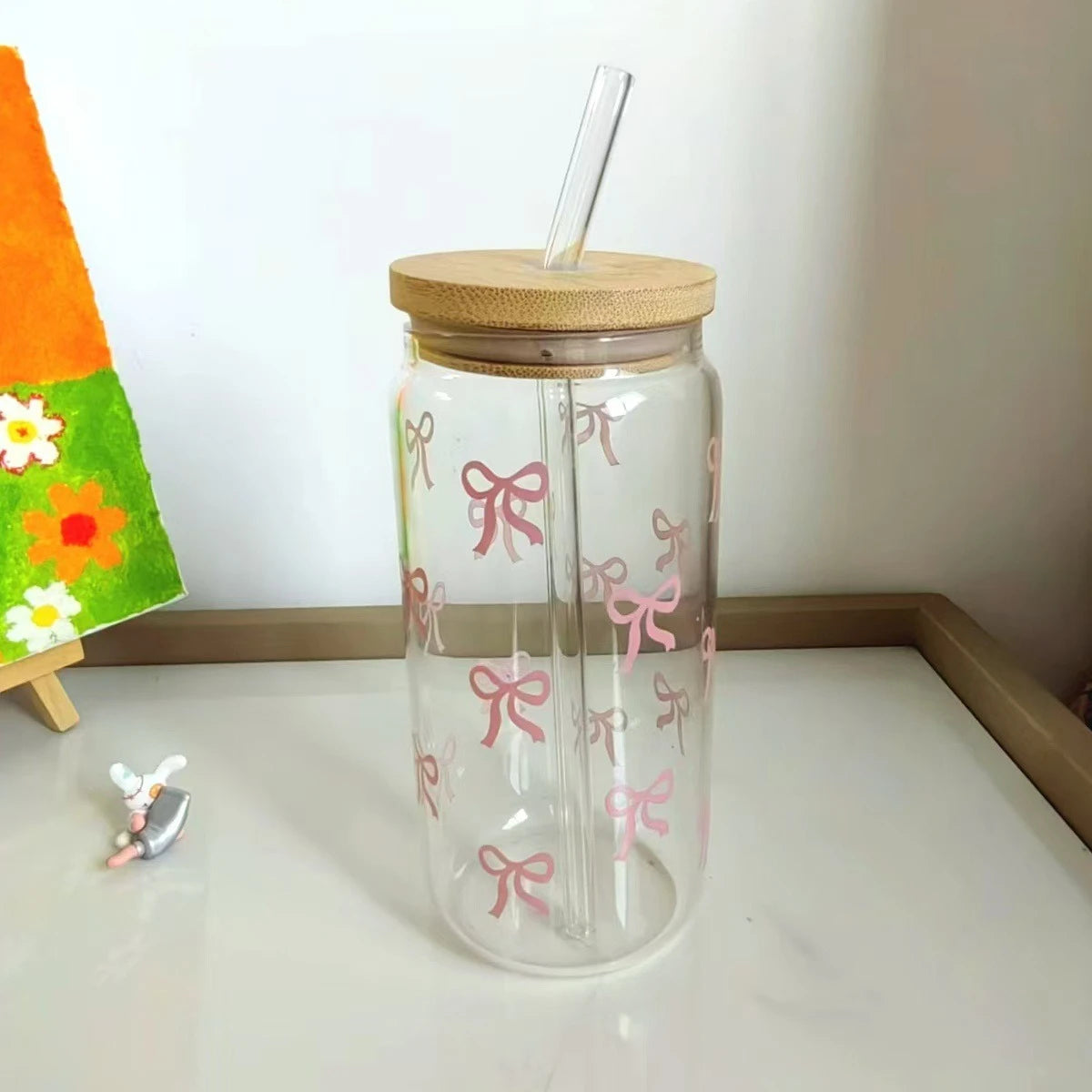 Simple Style Bow Straw Cup High Borosilicate Glass Office Coffee Cup Bamboo Cover Household Beverage Milk Cup Souvenir Gift Mug