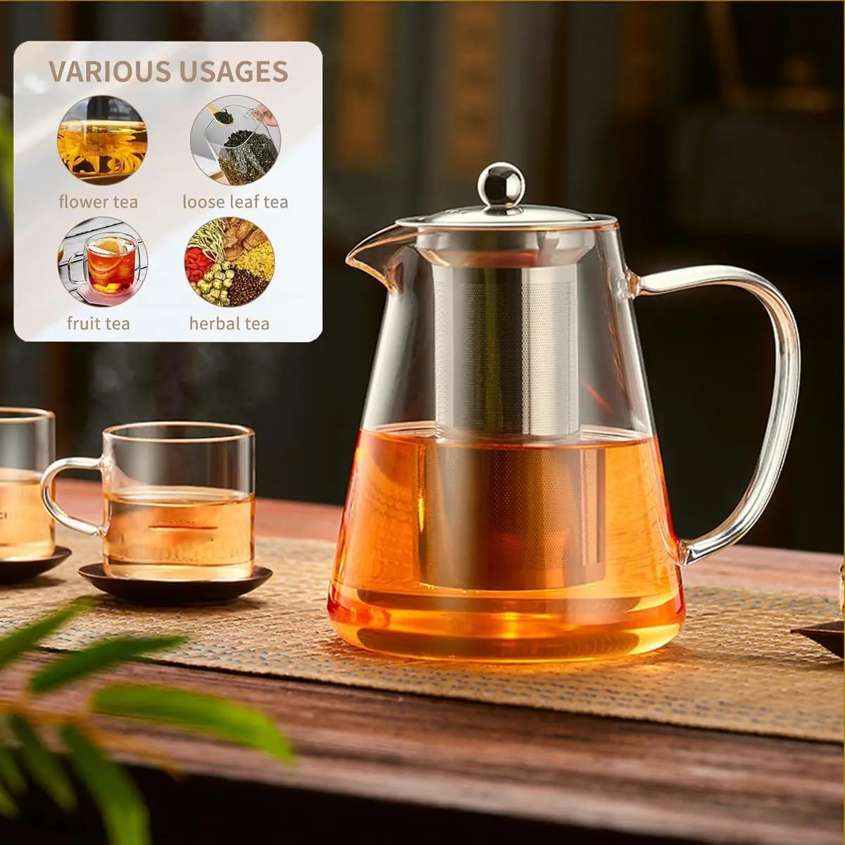Borosilicate Heat Resistant Clear Teapot Glass Kettle with Removable Infuser, Classic Kung Fu Teaware Set for Tea Ceremony