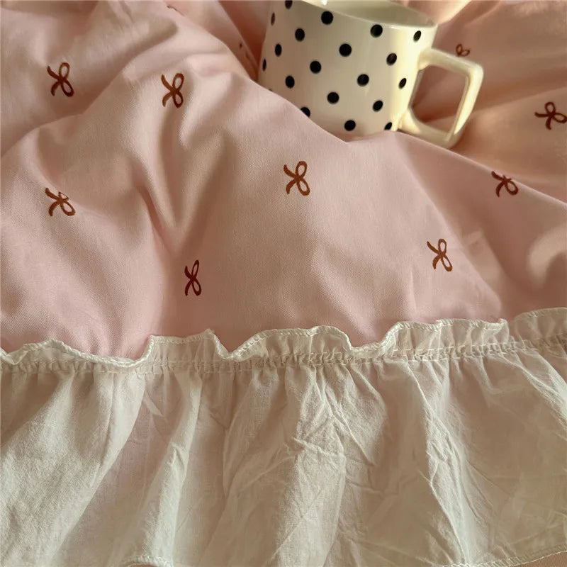 3/4Pcs Korean Princess Style Bow Ruffles Bedding Set Single Queen King Size Duvet Cover Set Bed Sheet Pillowcases