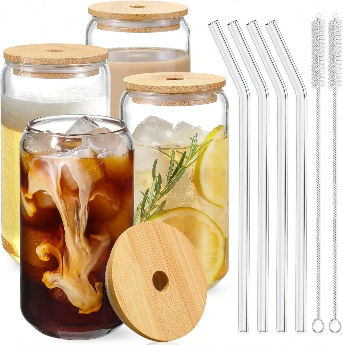4-Piece 16OZ Glass Cups with Bamboo Lids