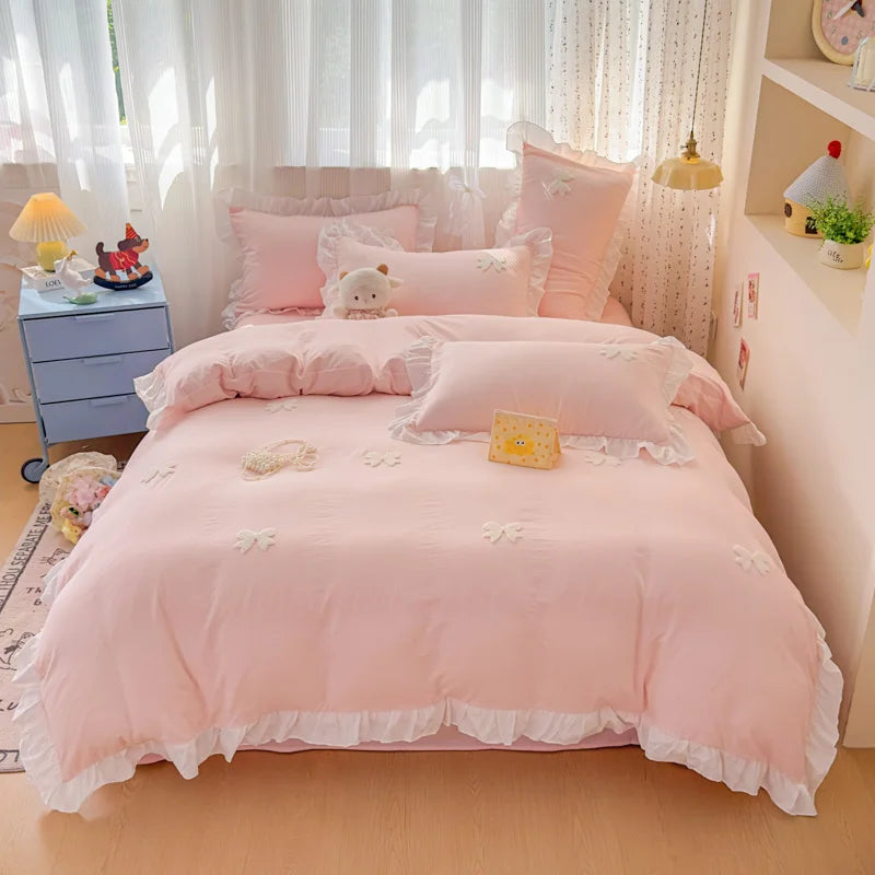3 Piece Sheet Set pink bowknot embroidery Quilt Set , comfortable embroidery Bedding Set Bedspread for All Season