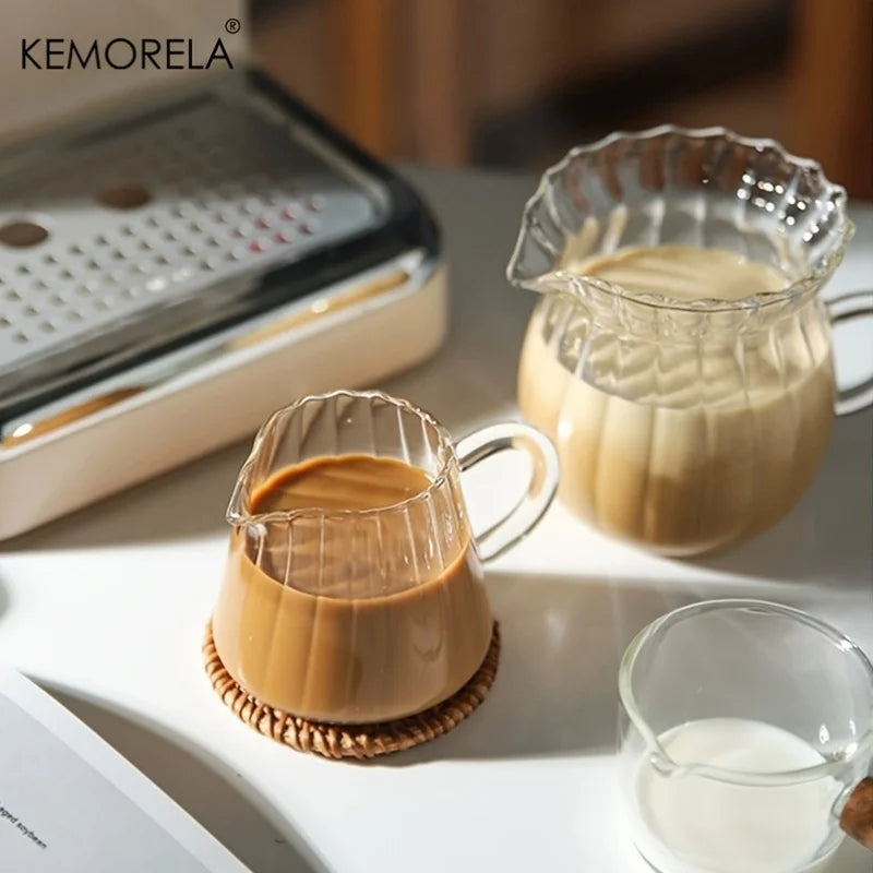 KEMORELA 1PC Retro Striped Glass Mini Coffee Cup Dishwasher-Safe Milk Creamer Measuring Jar for Coffee Extraction