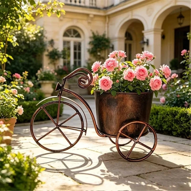 Retros Iron Bicycles Flowers Pot Garden Planter with Rustproof Wheel for Garden