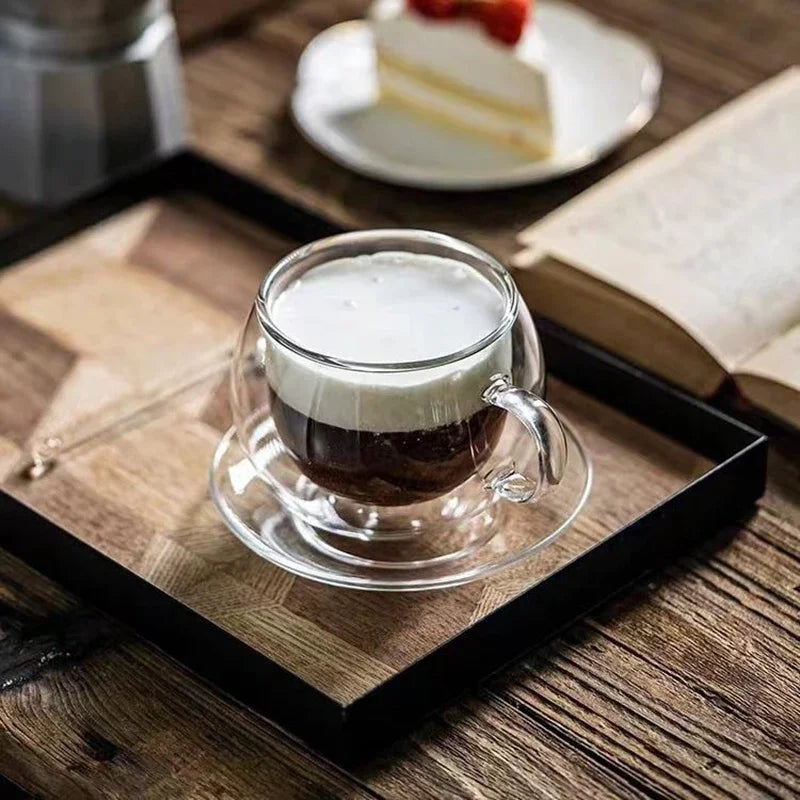 JUSTINLAU 150/300ml Double-layer Glass Cup Transparent with Handle Heat Resistant Coffee Cup & Saucer Milk Juice Water Cup Gift