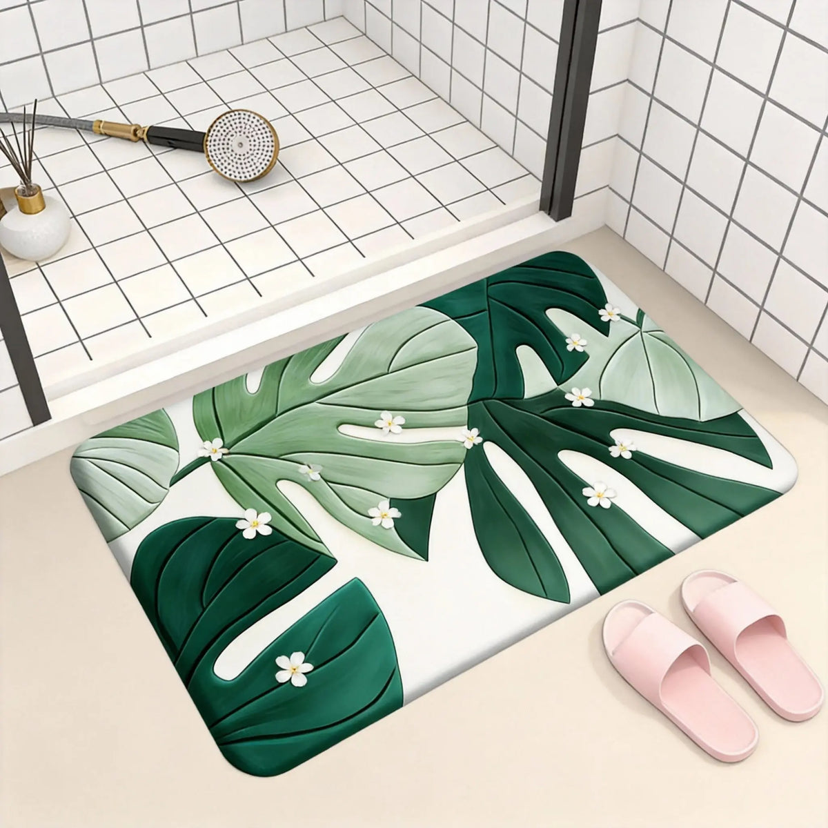 3D Monstera Leaf Doormat 1pc Green Tropical Plant Design with Raised Pattern, Soft Plush Floor Mat for Bathroom and Living Room