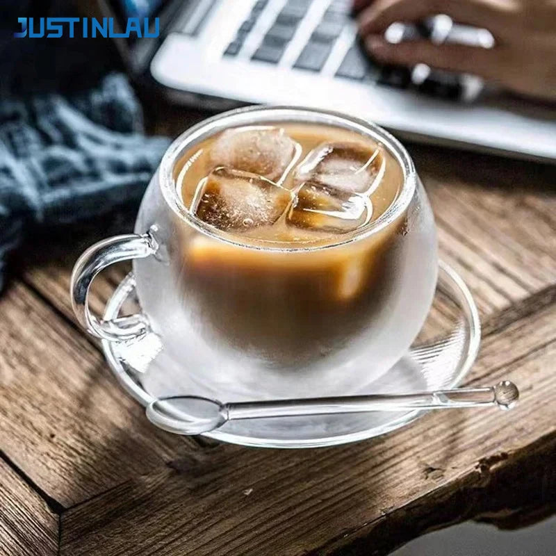 JUSTINLAU 150/300ml Double-layer Glass Cup Transparent with Handle Heat Resistant Coffee Cup & Saucer Milk Juice Water Cup Gift
