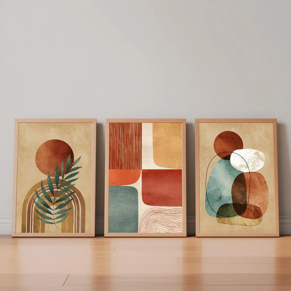 Frameless,Mid-century Modern Bohemian Abstract Wall Art,Terracotta Warriors and Horses Digital Prints,Living Room Home Decor