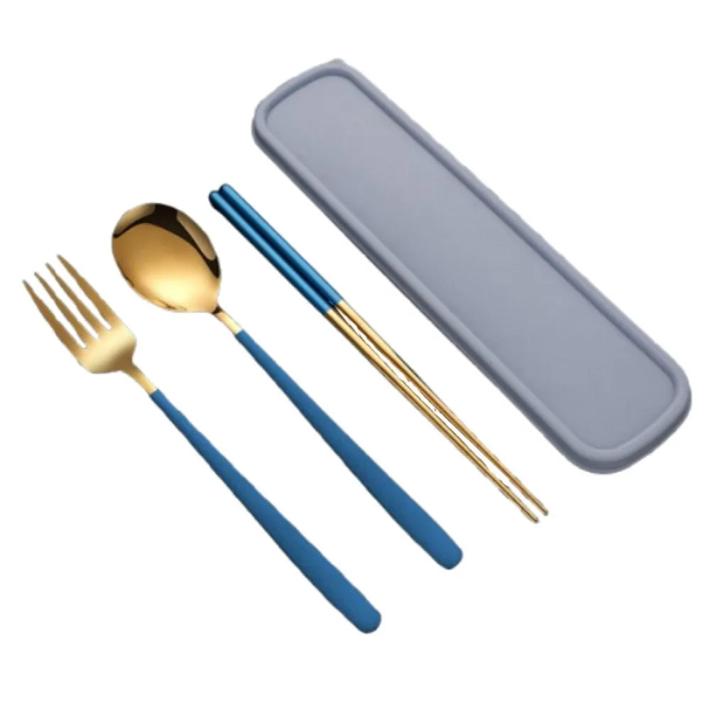 3-in-1 Stainless Steel Cutlery Set with Storage Box – Fork, Spoon & Chopsticks
