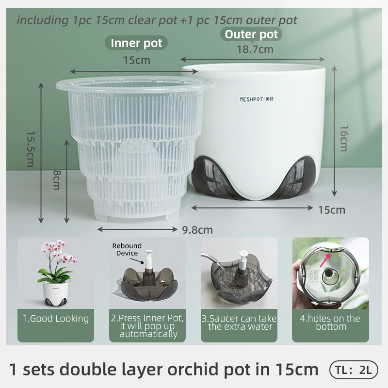 Meshpot Double Layer Orchid Pots with Holes - Plastic Planters Imitate Ceramic, Air Circulation Design for Phalaenopsis Orchid