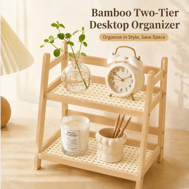2-Tier Bamboo Countertop Organizer Rattan Coffee Cup Holder Desktop Storage Shelf for Kitchen Bathroom Vanity Dressing Table 