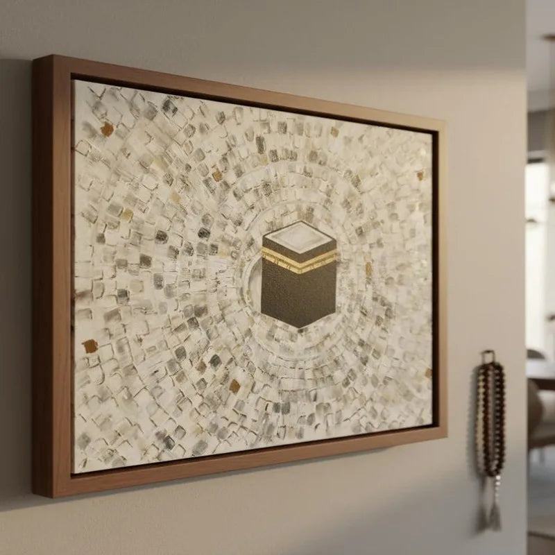Extra Large Modern Abstract Islamic Mecca Canvas Painting Wall Art, Frameless Textured Kaaba Wall Art Living Room Decortions