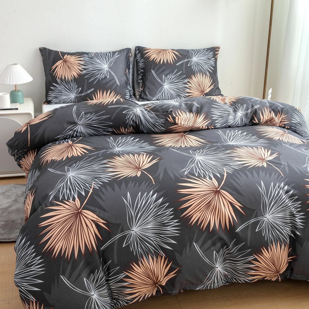 Tropical Plant Leaf Pattern Bedspread 3-Piece Set, Ultra-Soft, Comfortable and Breathable Bedding with Reactive Printing Duvet Set, Suitable for Bedrooms and Guest Rooms (Bedspread + Pillowcases, Without Comforter and Pillow