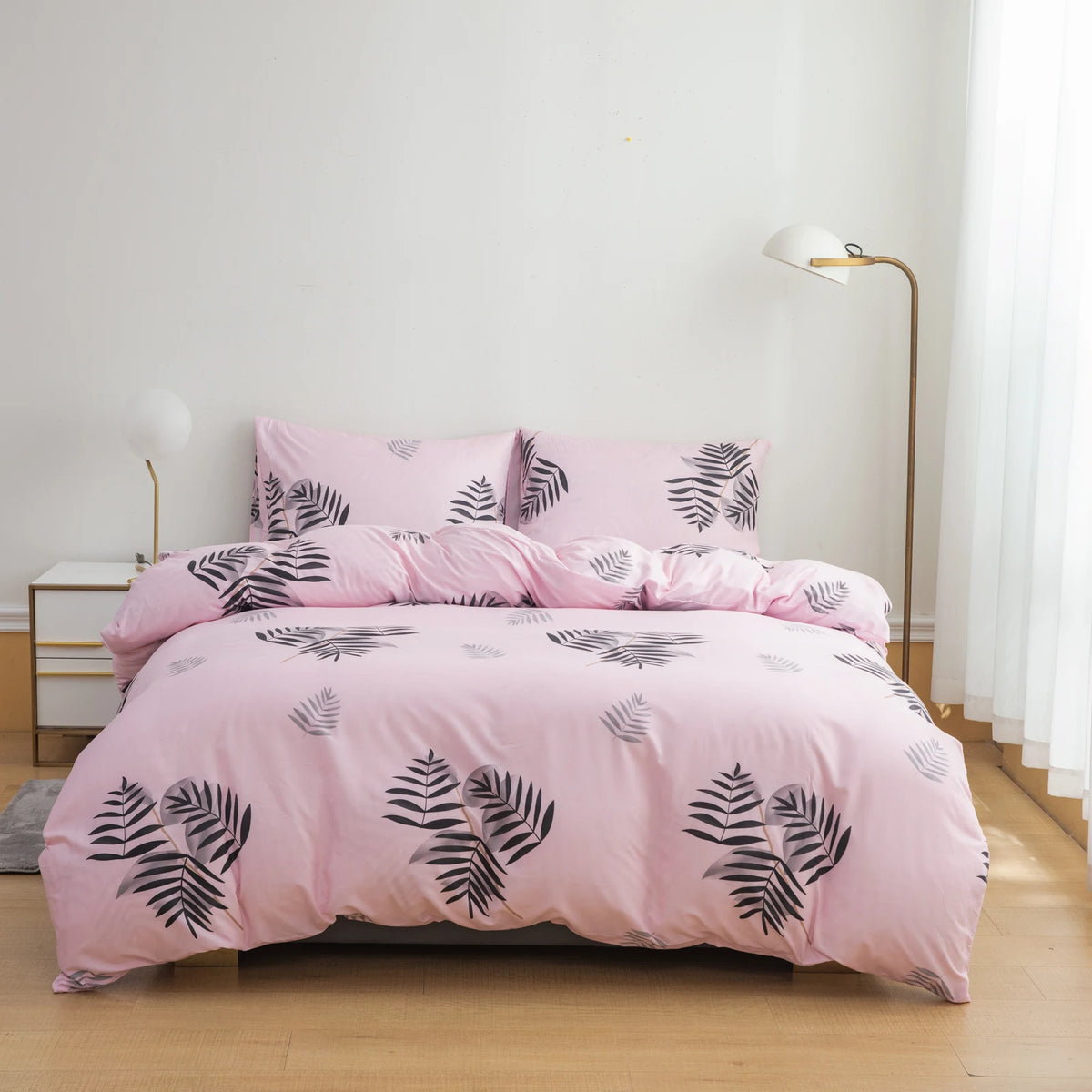 Plant Branch and Leaf Pink Bedspread 3-Piece Set, Ultra-Soft, Comfortable and Breathable Bedding Duvet Set, Suitable for Bedrooms and Guest Rooms (Bedspread + Pillowcases, Without Comforter and Pillow Inserts) for All Seasons