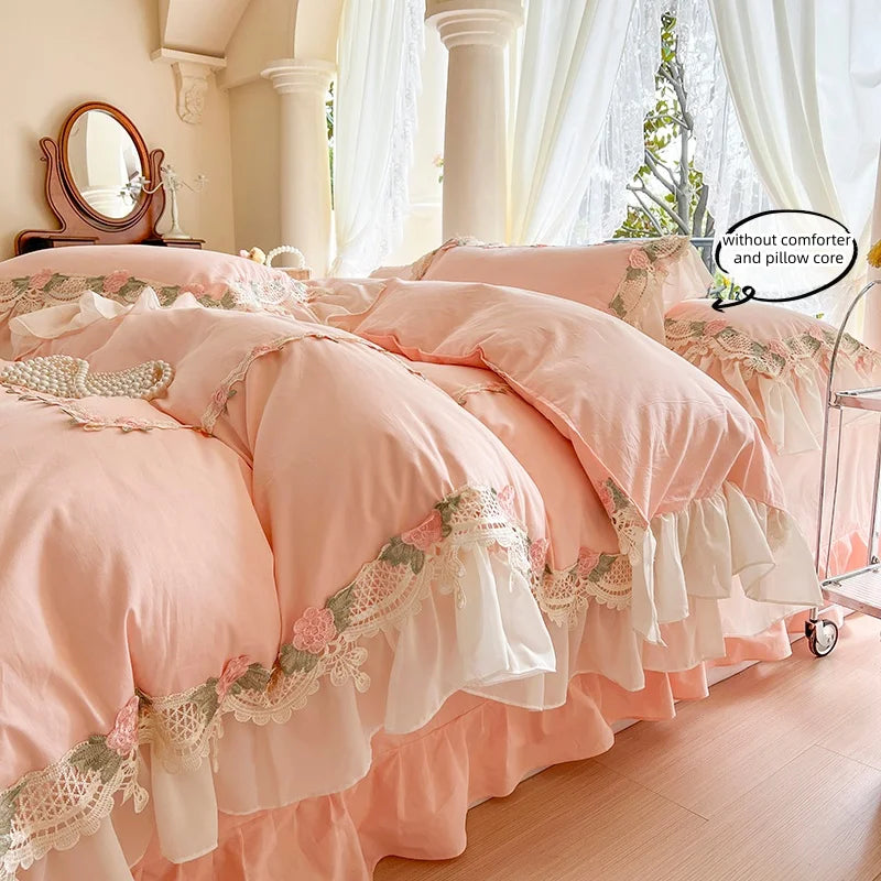 3 Piece Sheet Set pink lace duvet cover Set , comfortable Bedding Set Bedspread for All Season