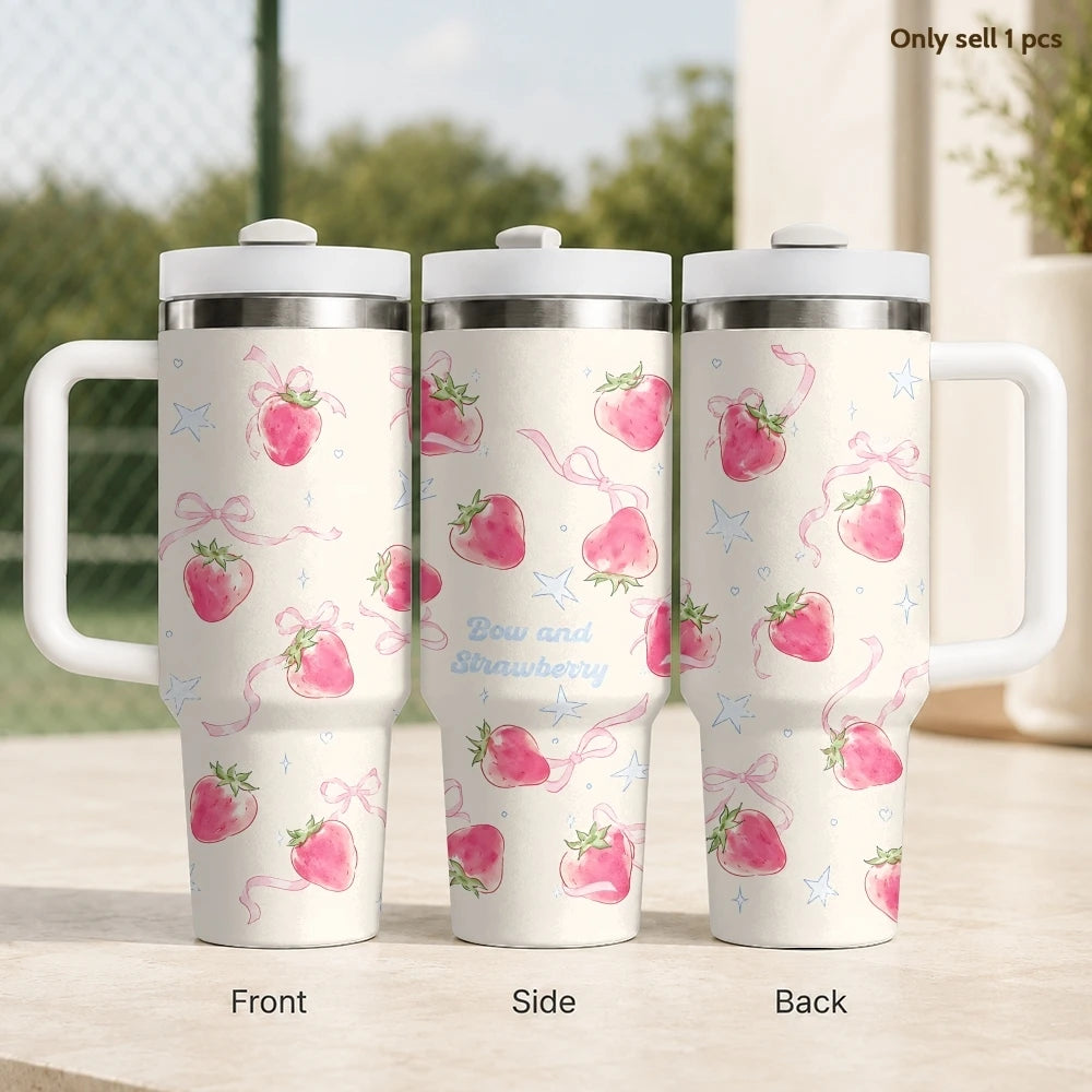 Kawaii Cherry Pattern Vacuum Flasks 40oz Stainless Steel Insulated Tumbler with Handle & Straw Leakproof Travel Mug