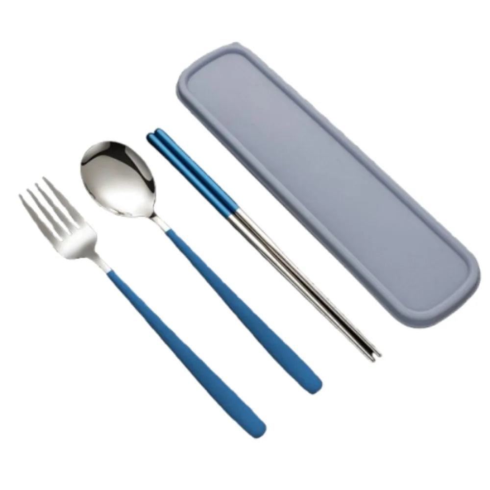 3-in-1 Stainless Steel Cutlery Set with Storage Box – Fork, Spoon & Chopsticks
