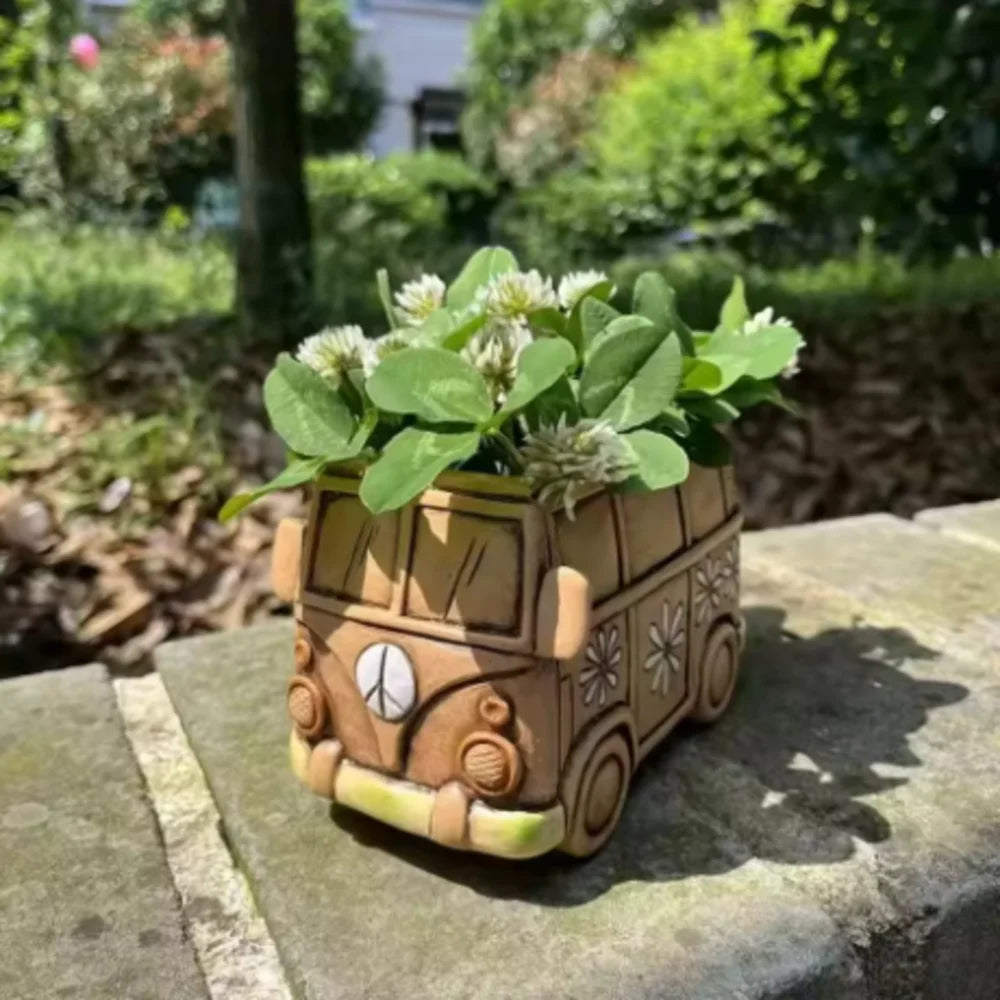 Retro Hippie Bus Shaped Flower Pot, Peace & Daisy Decor Resin Planter for Succulents Home Garden Decor