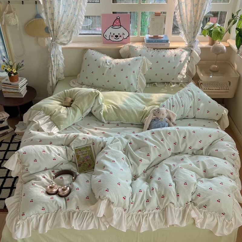 3/4Pcs Korean Princess Style Lace Ruffles Bedding Set Single Queen King Size Duvet Cover Set Bed Sheet Pillowcases