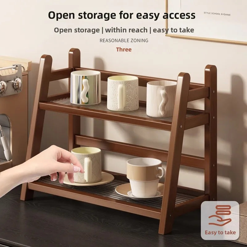 Multi Layer Natural Bamboo Desktop Cup Storage Rack Coffee Mug Tea Glass Organizer Kitchen Countertop Display Decor Shelf