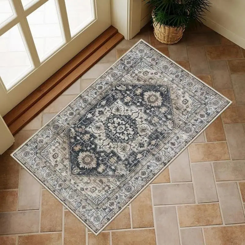 VIKAMA Washable Low Pile Oriental Entry Rug Rustic Terracotta Teal Medallion Design Anti Slip Patio Front Door Floor Mat