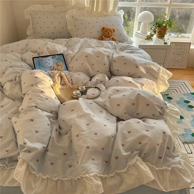 3/4Pcs Korean Princess Style Bow Ruffles Bedding Set Single Queen King Size Duvet Cover Set Bed Sheet Pillowcases