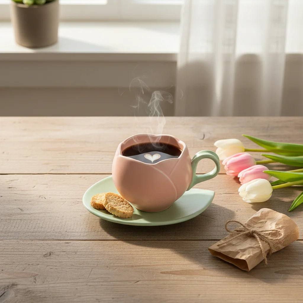 Ceramic Coffee Cup And Saucer Set Tulip Shape Japanese Style Design for Women
