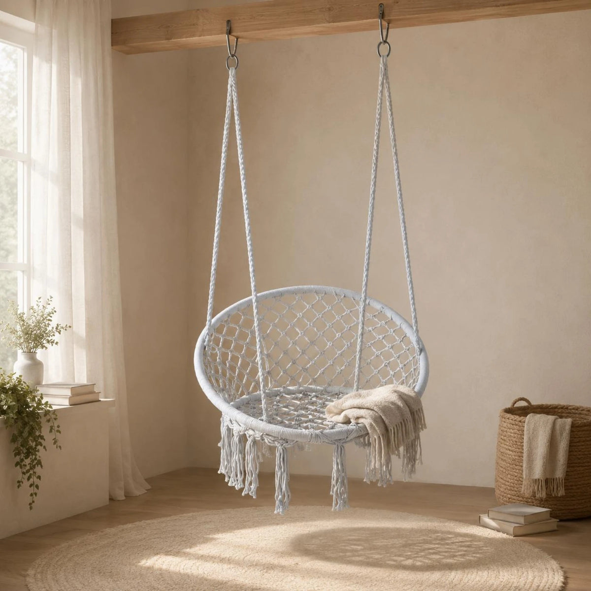 Macrame Chair Airy Lattice Cotton Rope Hanging Chair Home Furniture Oval Frame Single-Color