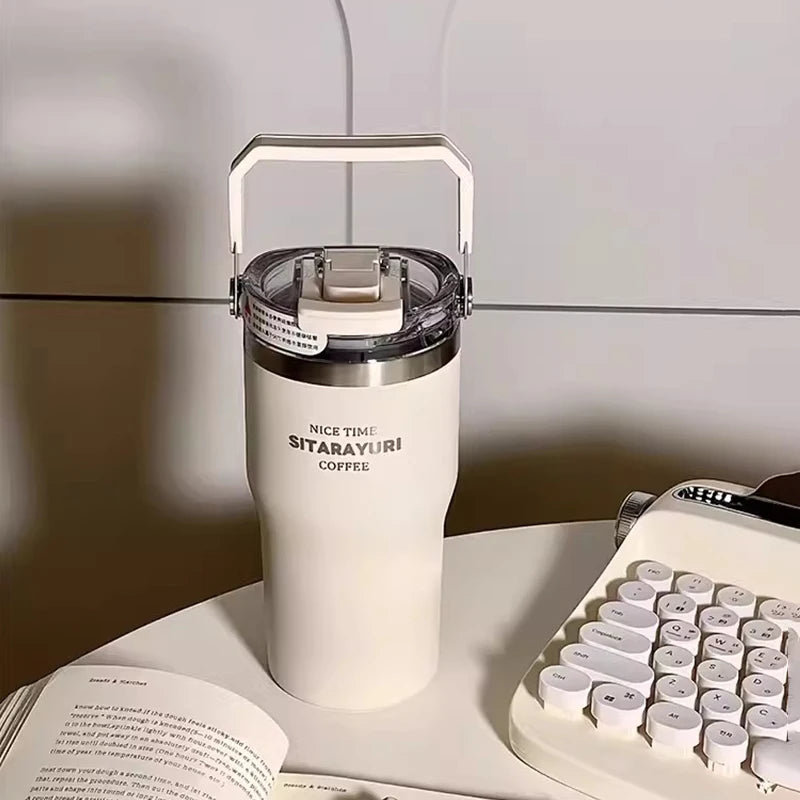 20oz Double Drink Thermos Cup Large Capacity Vacuum Insulation Thermal Bottle Ice Bully Straw Water Cup Portable Car Coffee Mug
