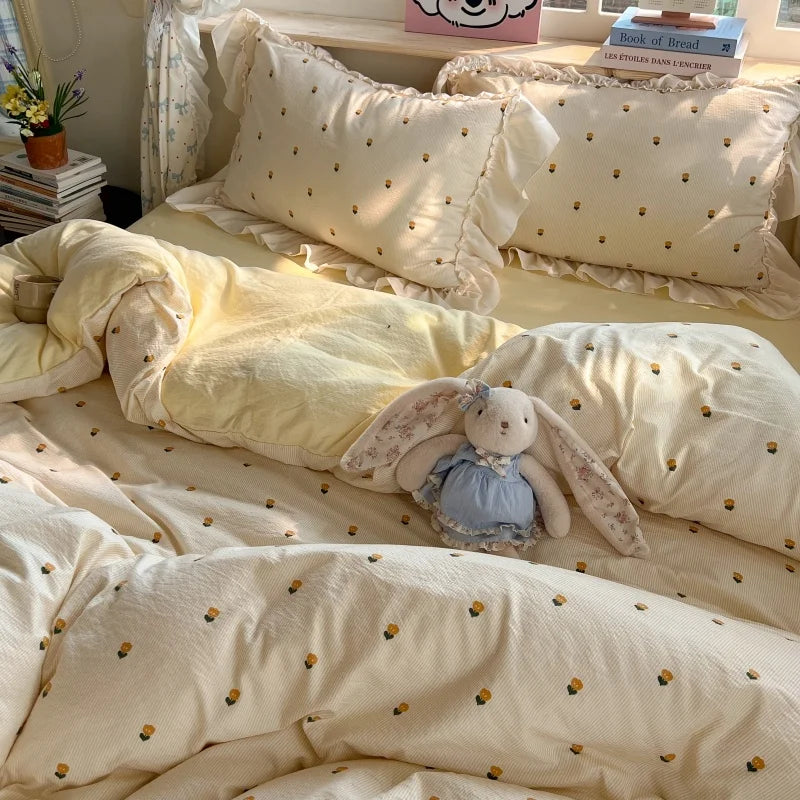 3/4Pcs Korean Princess Style Lace Ruffles Bedding Set Single Queen King Size Duvet Cover Set Bed Sheet Pillowcases