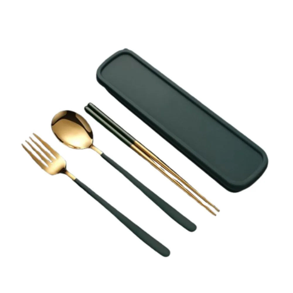 3-in-1 Stainless Steel Cutlery Set with Storage Box – Fork, Spoon & Chopsticks