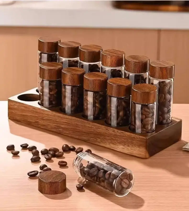 10/20/30ml Mini Glass Bottles Spice Jars with Lids Seasoning Nuts Coffee Beans Storage Jar Wood Sealed Bottle Airtight Canisters