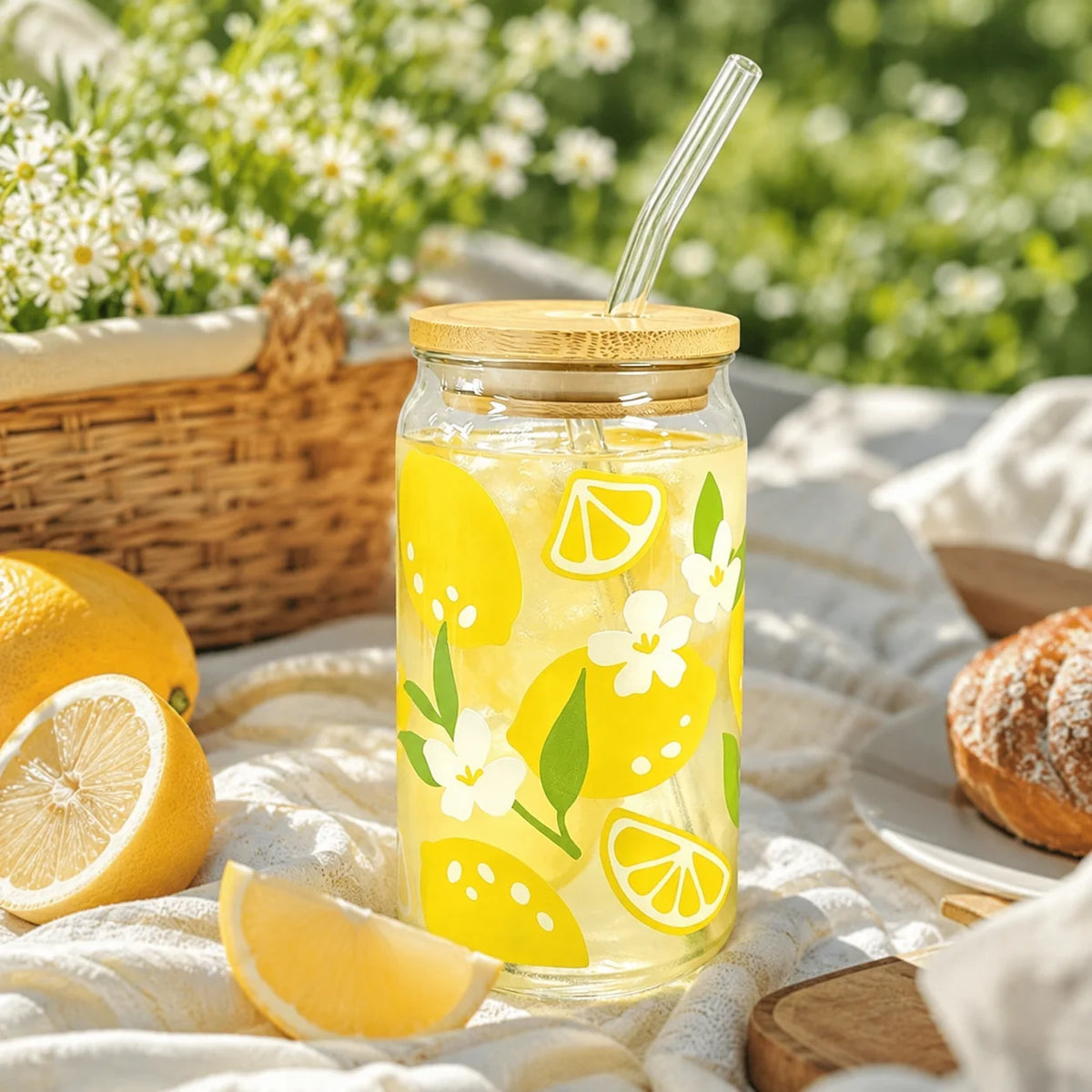 Cute Lemon Glass Tumbler with Bamboo Lid