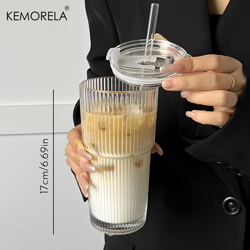 600ML Stripe Glass Coffee Cup with Lid