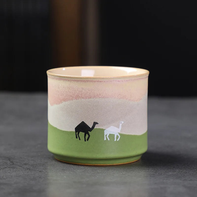 Retro Small Tea Cups 2oz 60ml Coarse Ceramic Camel Print Mini Coffee Mugs