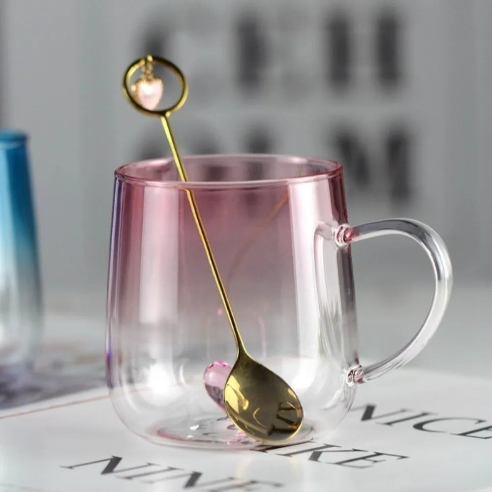 New Transparent Gradient Glass Cup 400mL Large Capacity Glass Coffee Mug 3D Love Heart Couple Pair Cup Kitchen
