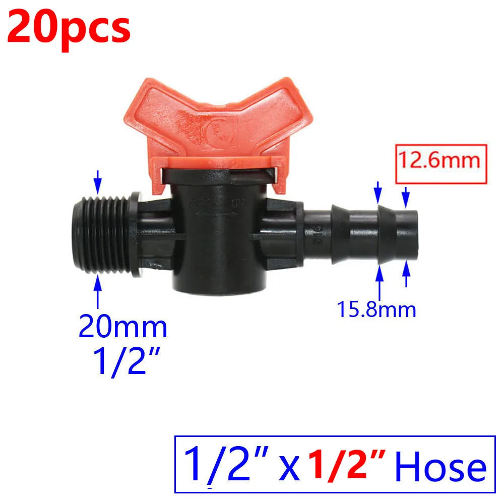 20pcs Drip Irrigation Mini Valve 4/7 3/8/10/12/16/20 /25mm Pipe Garden Tap 1/2" 3/4" Male Thread Water Hose Barb Connector