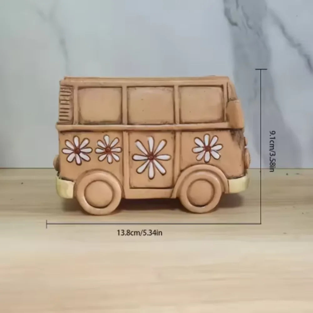 Retro Hippie Bus Shaped Flower Pot, Peace & Daisy Decor Resin Planter for Succulents Home Garden Decor