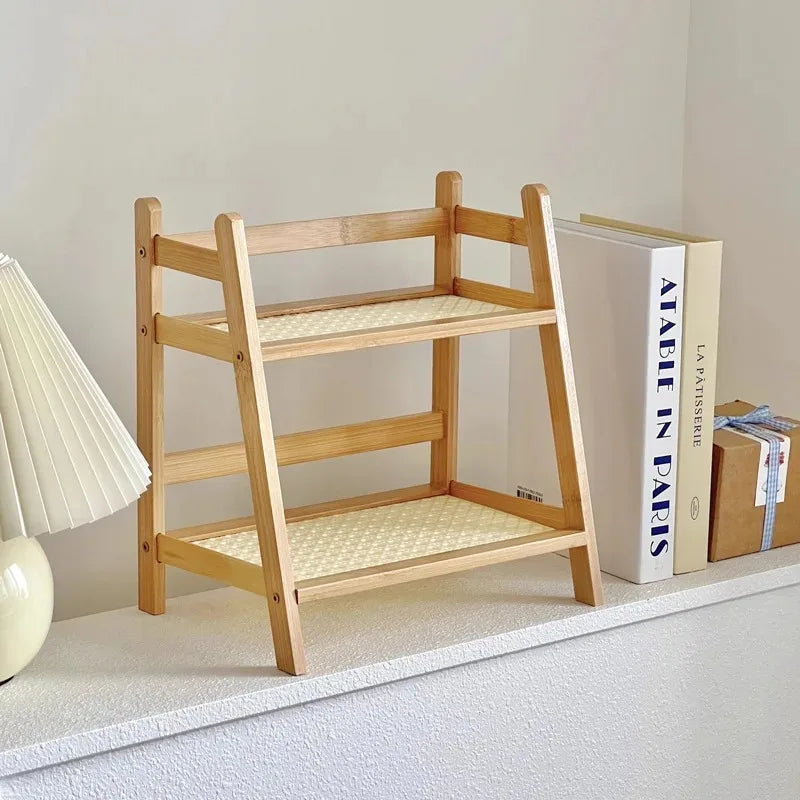 2-Tier Bamboo Countertop Organizer Rattan Coffee Cup Holder Desktop Storage Shelf for Kitchen Bathroom Vanity Dressing Table 