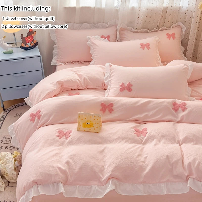 3 Piece Sheet Set pink bowknot embroidery Quilt Set , comfortable embroidery Bedding Set Bedspread for All Season