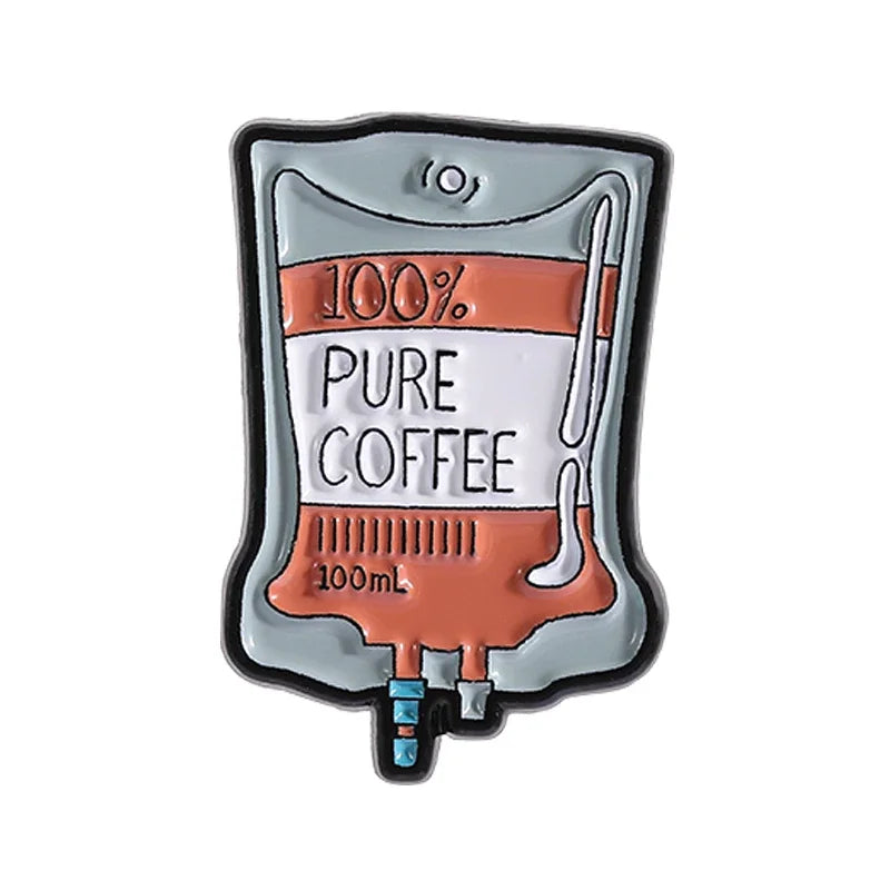 100% Pure Coffee Bag Medical Enamel Pins Coffee Filling Brain Inject Coffee Hourglass Brooch Lapel Badge Jewelry Gift for Friend