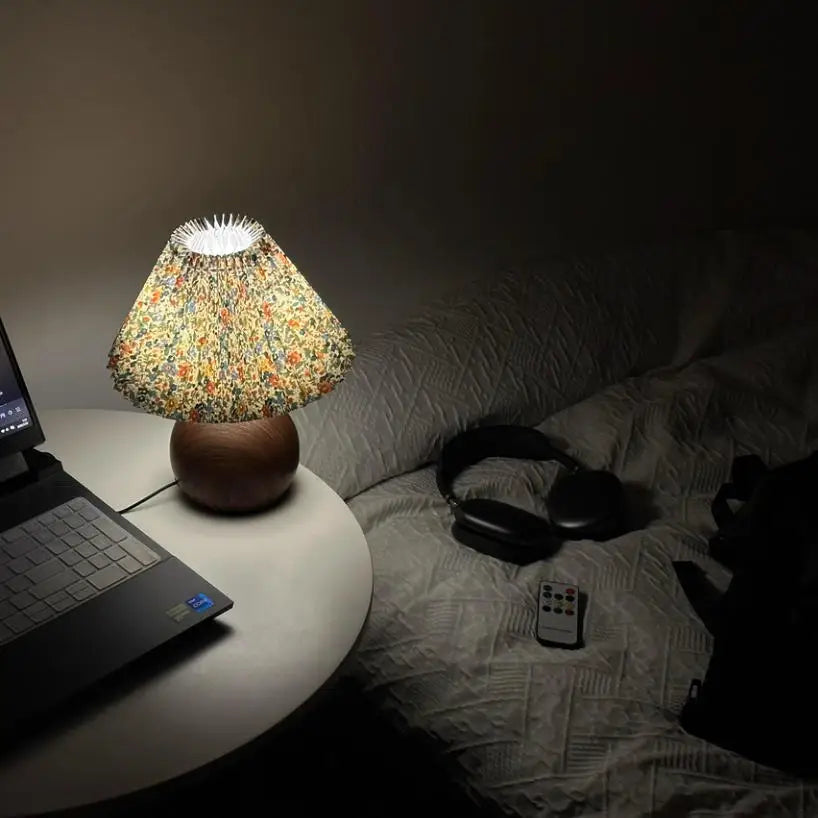 LED Bedside Table Lamp Cute Small Pleated Lamps for Nightstand Circular Walnut Ambient Light USB Bedroom Decoration Night Light