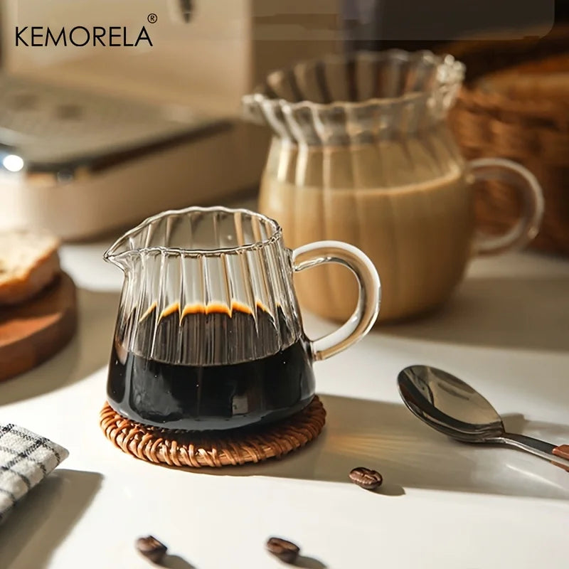 KEMORELA 1PC Retro Striped Glass Mini Coffee Cup Dishwasher-Safe Milk Creamer Measuring Jar for Coffee Extraction