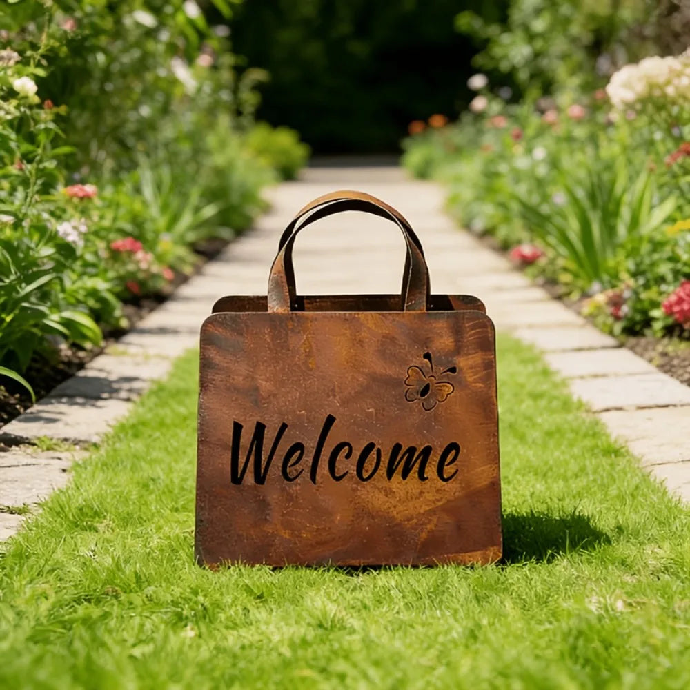 1PC Vintage Iron Handbag Garden Statue with Hello & Welcome Sign Rust Iron Material Elegant Garden Sculpture Mini Flower Box