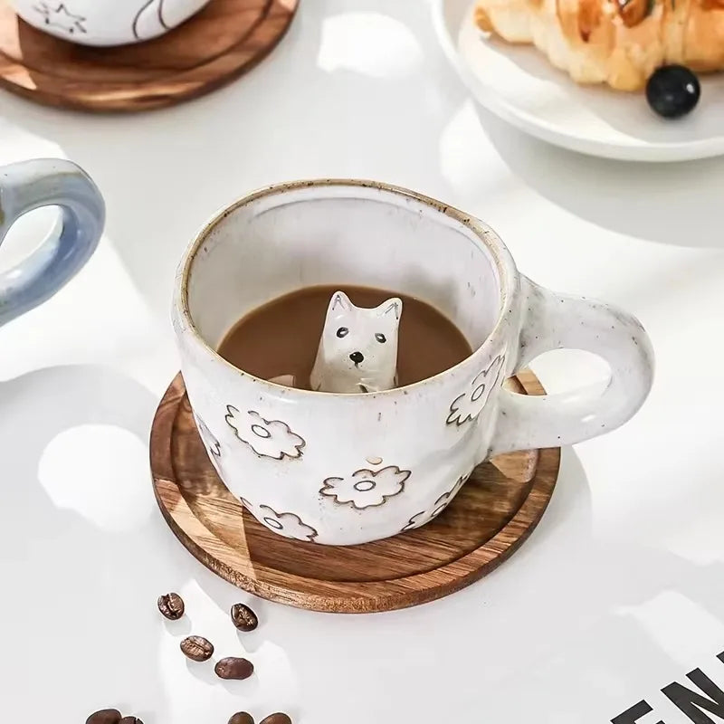 كوب قهوة سيراميك ثلاثي الأبعاد بتصميم قطة مع حيوان بالداخل، تمثال كلب، كوب قهوة، أكواب شاي وحليب، حيوان كرتوني مضحك، هدية عيد ميلاد فريدة من نوعها