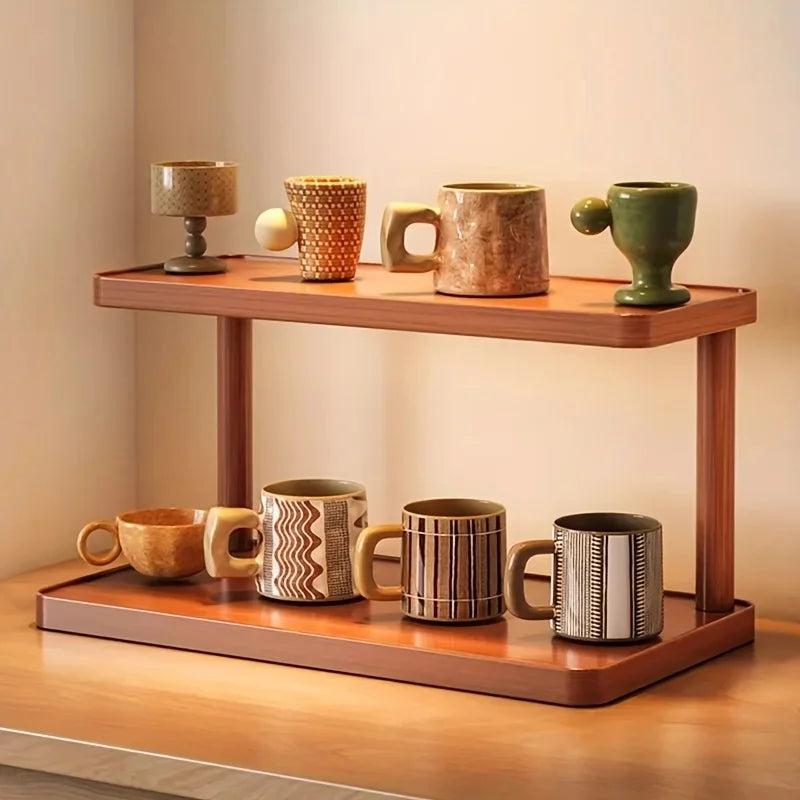 Wooden 2 Tier Countertop Organizer With Handles Multi-Purpose Storage Rack For Kitchen Spices & Tea Room